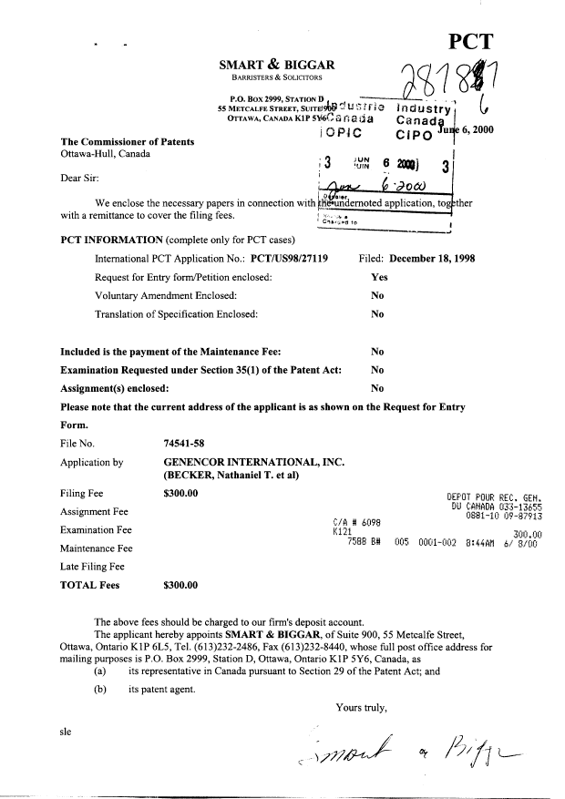 Document de brevet canadien 2313168. Cession 20000606. Image 1 de 5