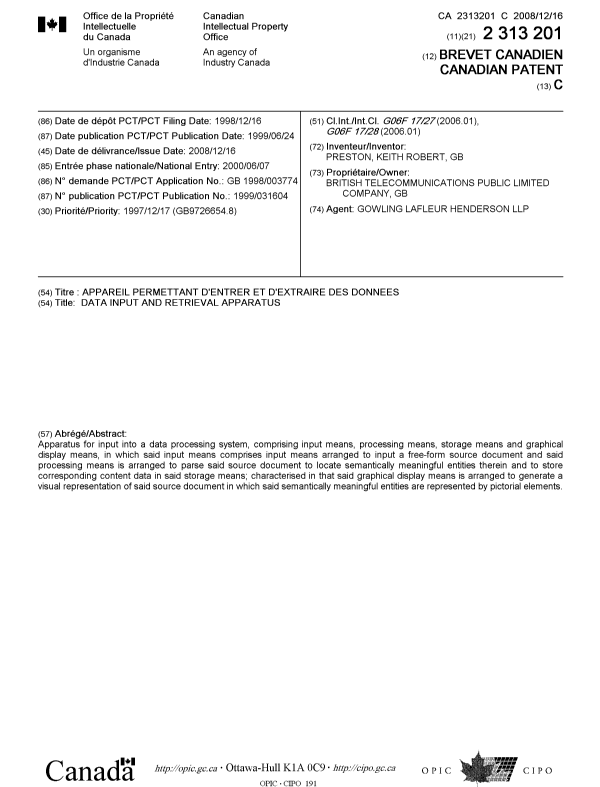 Canadian Patent Document 2313201. Cover Page 20081125. Image 1 of 1