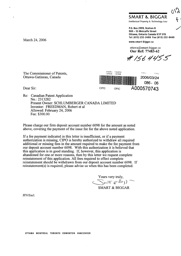 Canadian Patent Document 2313282. Correspondence 20060324. Image 1 of 1
