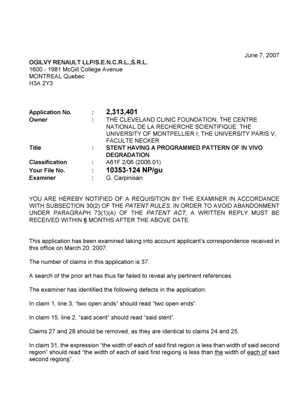 Canadian Patent Document 2313401. Prosecution-Amendment 20061207. Image 1 of 2