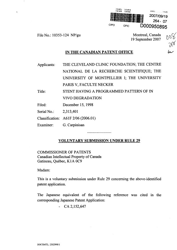Canadian Patent Document 2313401. Prosecution-Amendment 20061219. Image 1 of 2