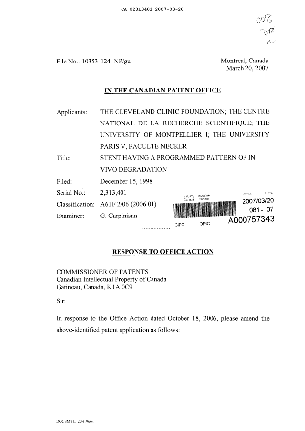 Canadian Patent Document 2313401. Prosecution-Amendment 20061220. Image 1 of 10