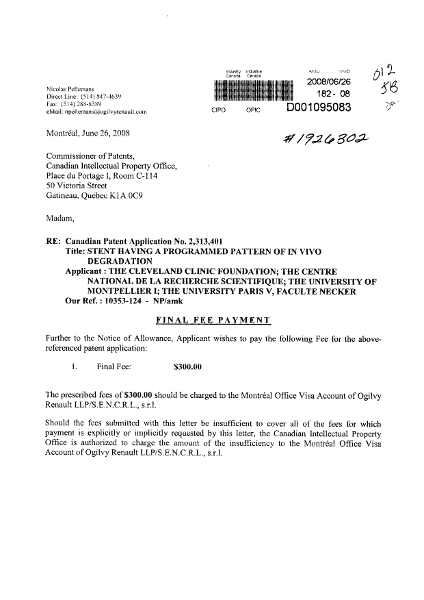 Canadian Patent Document 2313401. Correspondence 20080626. Image 1 of 2