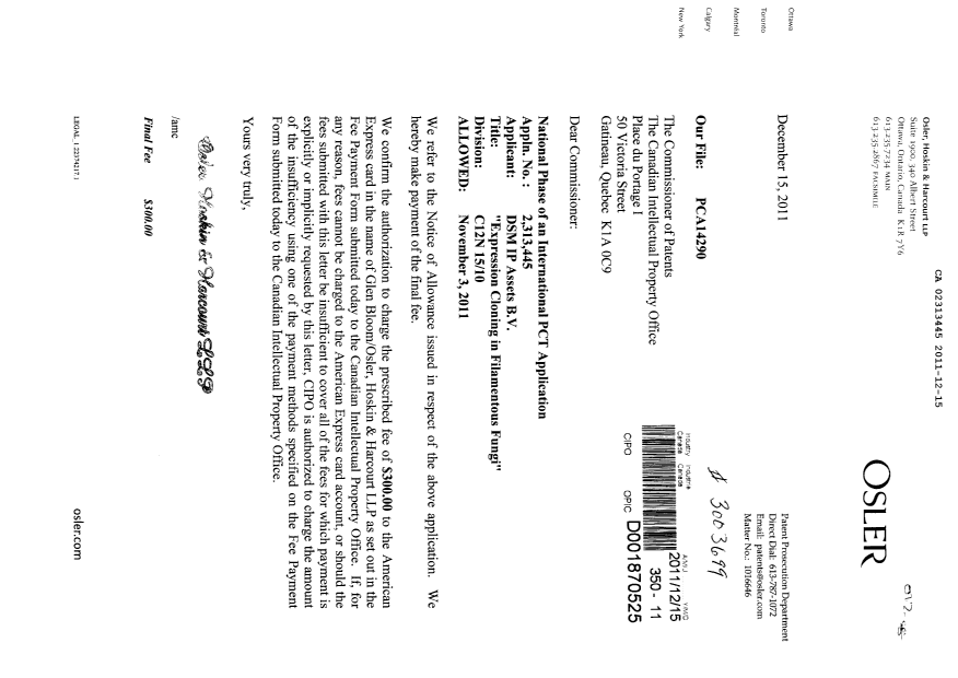 Canadian Patent Document 2313445. Correspondence 20111215. Image 1 of 1