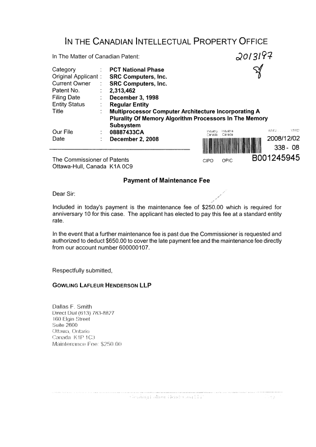 Canadian Patent Document 2313462. Fees 20081202. Image 1 of 1