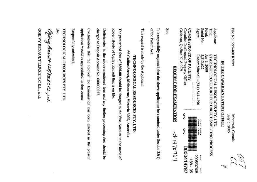 Canadian Patent Document 2313622. Prosecution-Amendment 20050705. Image 1 of 1