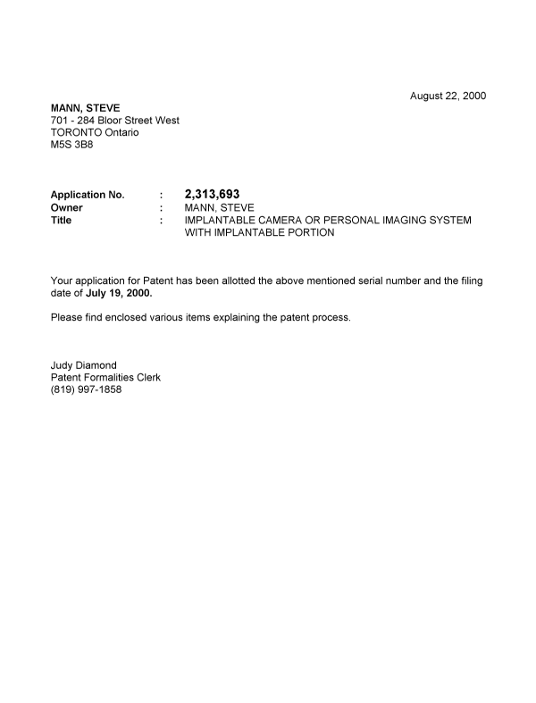 Canadian Patent Document 2313693. Correspondence 19991214. Image 1 of 1