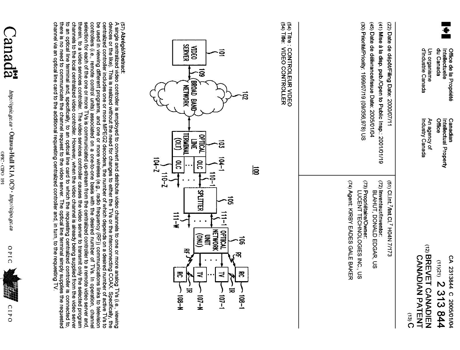 Canadian Patent Document 2313844. Cover Page 20031201. Image 1 of 1