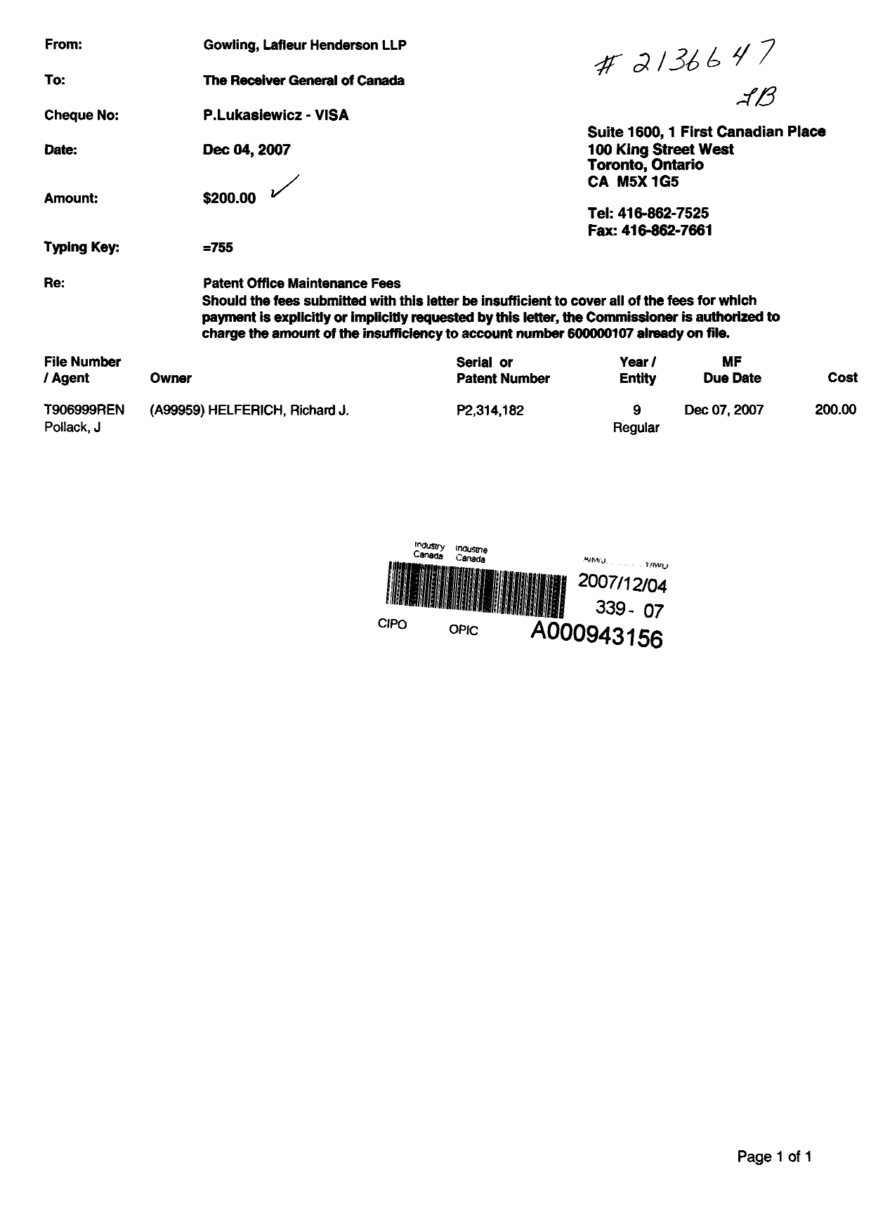 Canadian Patent Document 2314182. Fees 20071204. Image 1 of 1