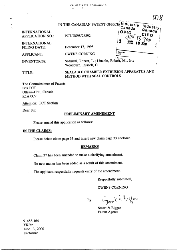 Canadian Patent Document 2314221. Prosecution-Amendment 20000613. Image 1 of 2