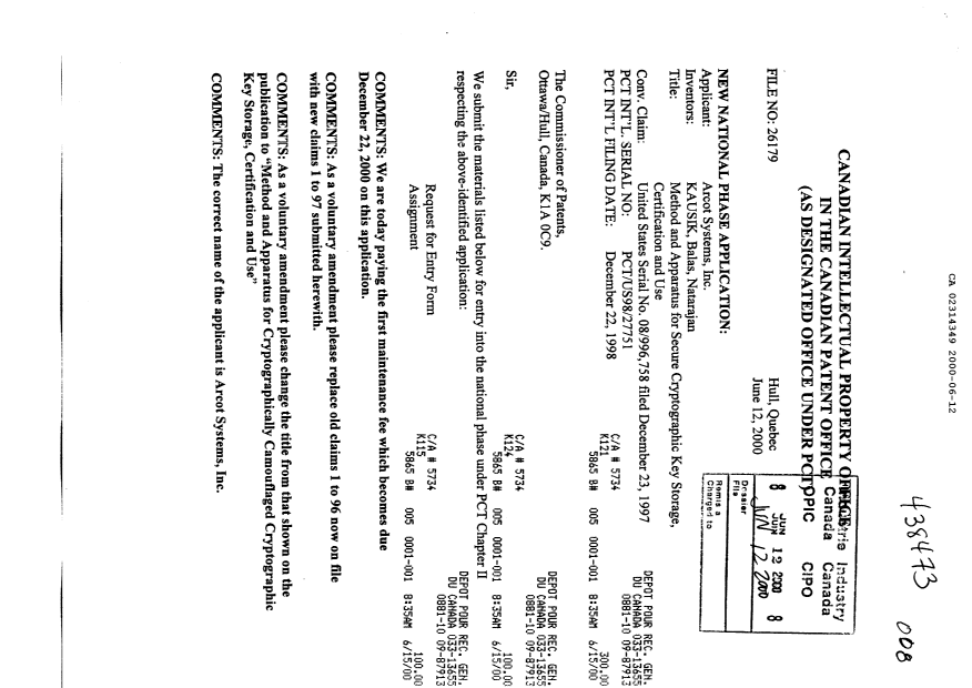 Canadian Patent Document 2314349. Prosecution-Amendment 20000612. Image 1 of 18