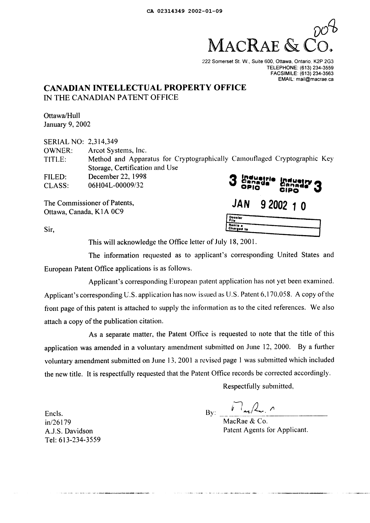 Canadian Patent Document 2314349. Prosecution-Amendment 20020109. Image 1 of 1