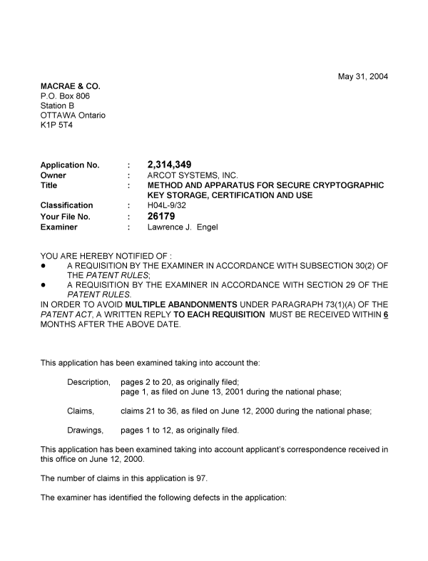 Document de brevet canadien 2314349. Poursuite-Amendment 20040531. Image 1 de 3