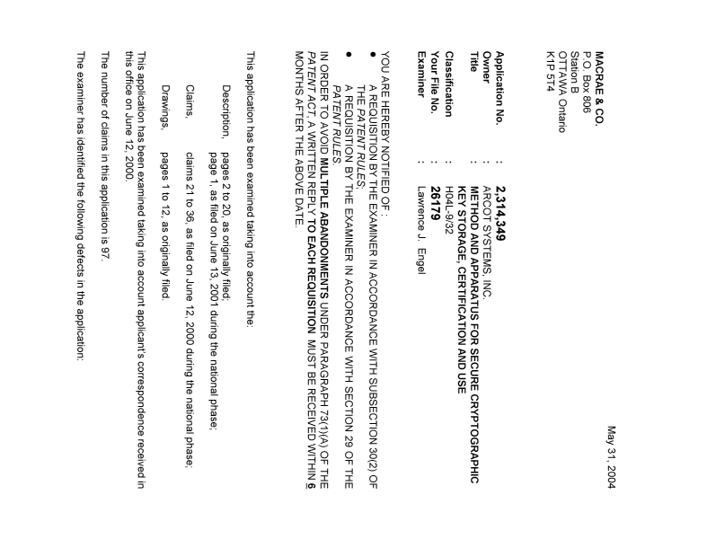 Canadian Patent Document 2314349. Prosecution-Amendment 20040531. Image 1 of 3
