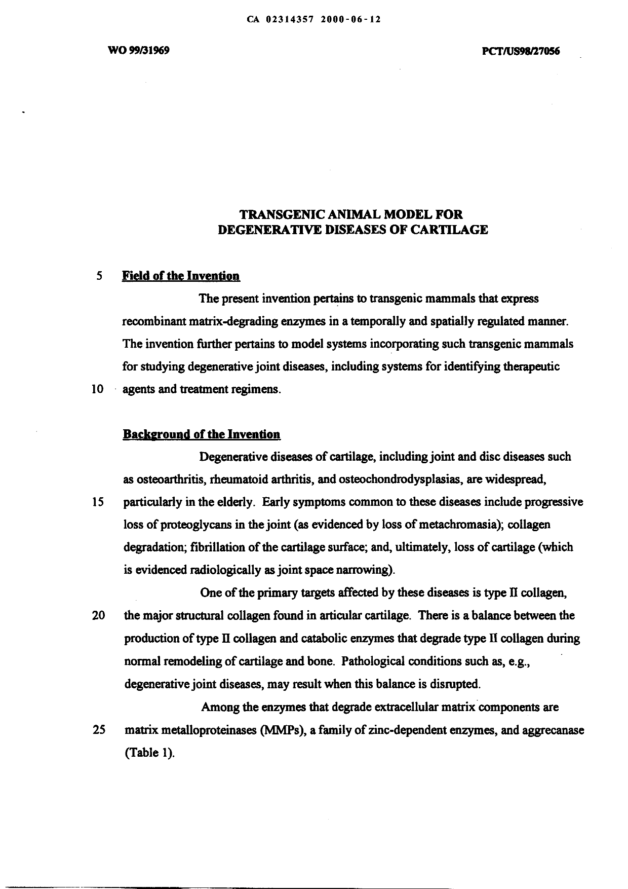 Canadian Patent Document 2314357. Description 20001012. Image 1 of 52