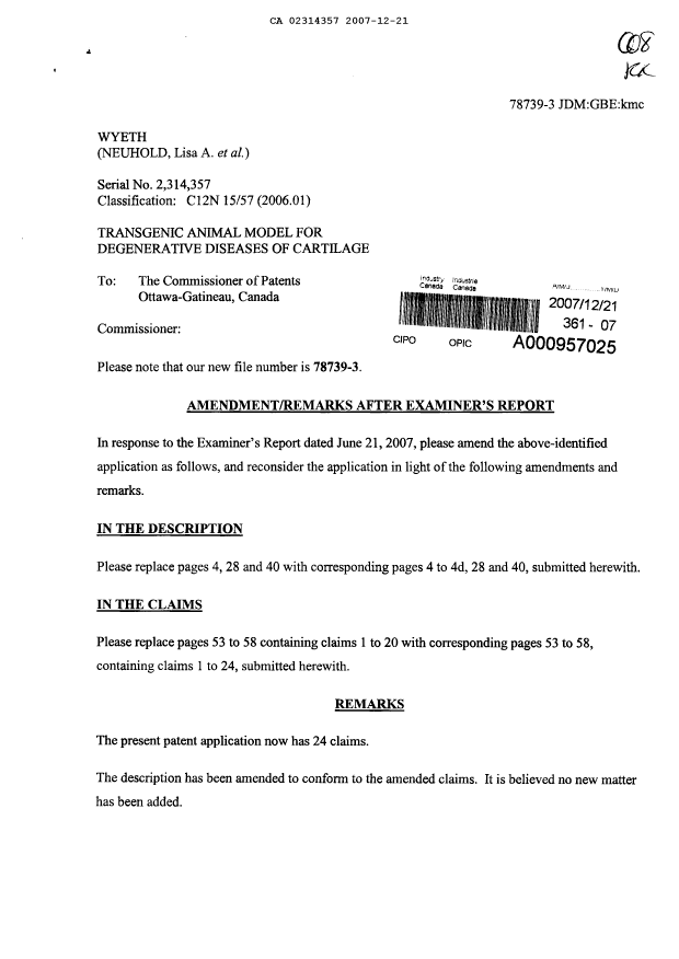 Canadian Patent Document 2314357. Prosecution-Amendment 20071221. Image 1 of 23