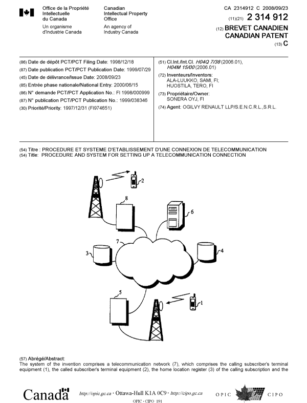 Document de brevet canadien 2314912. Page couverture 20080909. Image 1 de 2