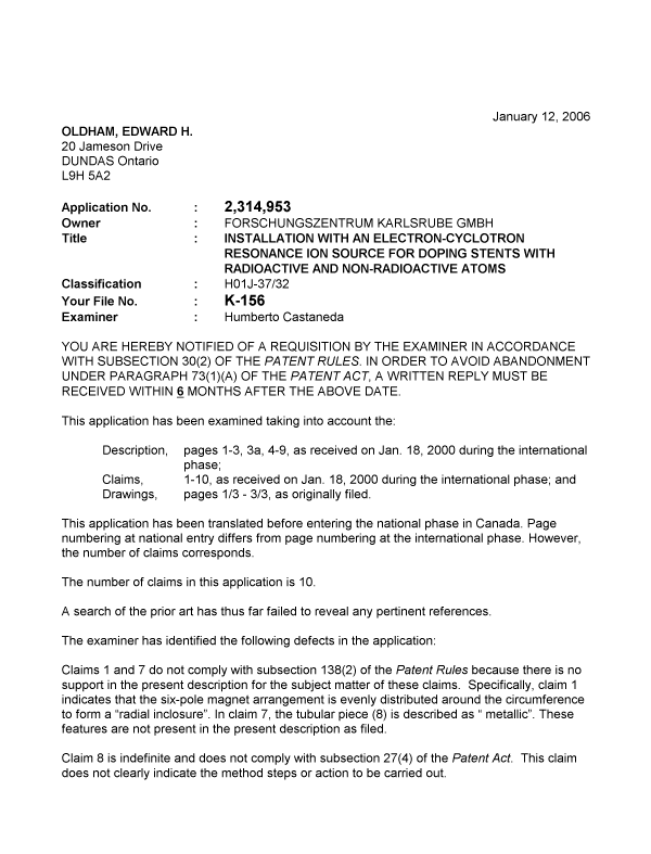 Document de brevet canadien 2314953. Poursuite-Amendment 20060112. Image 1 de 3