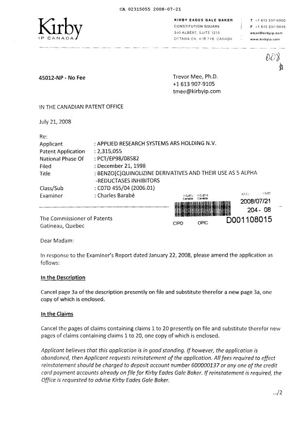 Canadian Patent Document 2315055. Prosecution-Amendment 20080721. Image 1 of 16