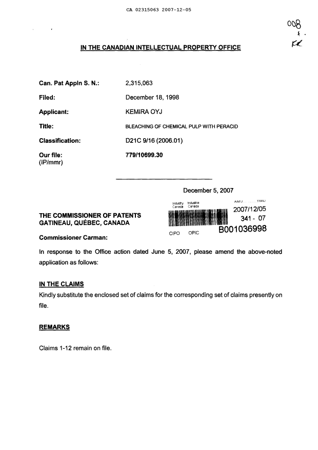 Canadian Patent Document 2315063. Prosecution-Amendment 20071205. Image 1 of 8