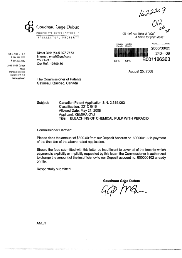 Canadian Patent Document 2315063. Correspondence 20080825. Image 1 of 1