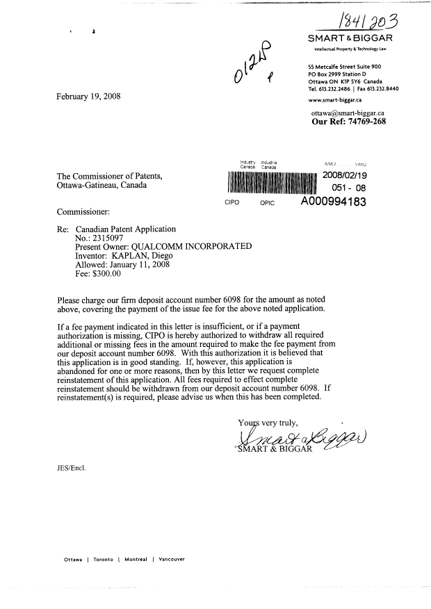 Canadian Patent Document 2315097. Correspondence 20080219. Image 1 of 1