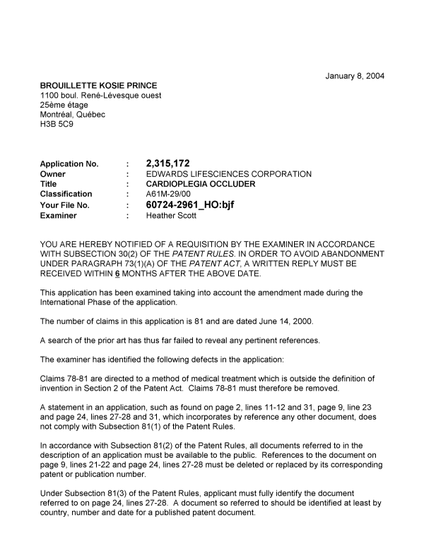 Canadian Patent Document 2315172. Prosecution-Amendment 20040108. Image 1 of 2