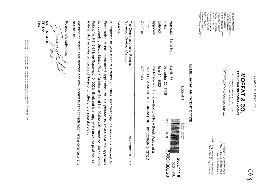 Canadian Patent Document 2315188. Prosecution-Amendment 20031118. Image 1 of 1