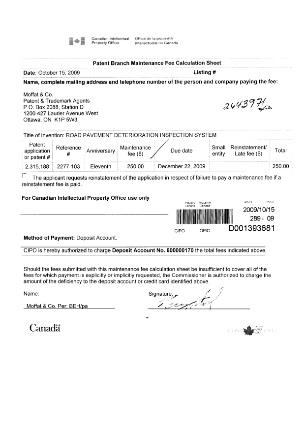 Canadian Patent Document 2315188. Fees 20091015. Image 1 of 1