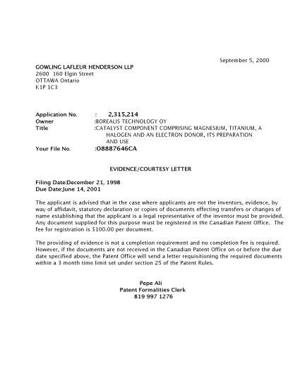 Canadian Patent Document 2315214. Correspondence 20000830. Image 1 of 1