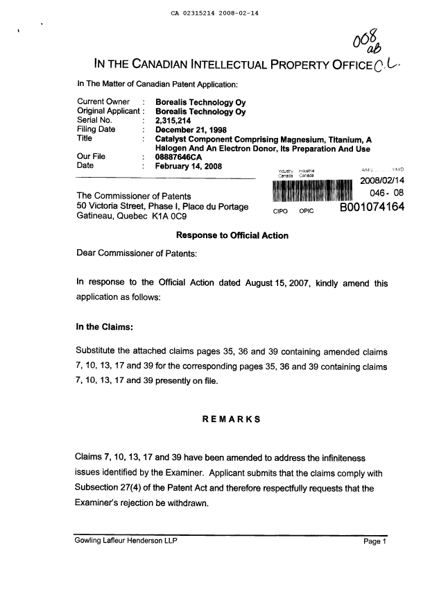 Document de brevet canadien 2315214. Poursuite-Amendment 20080214. Image 1 de 5