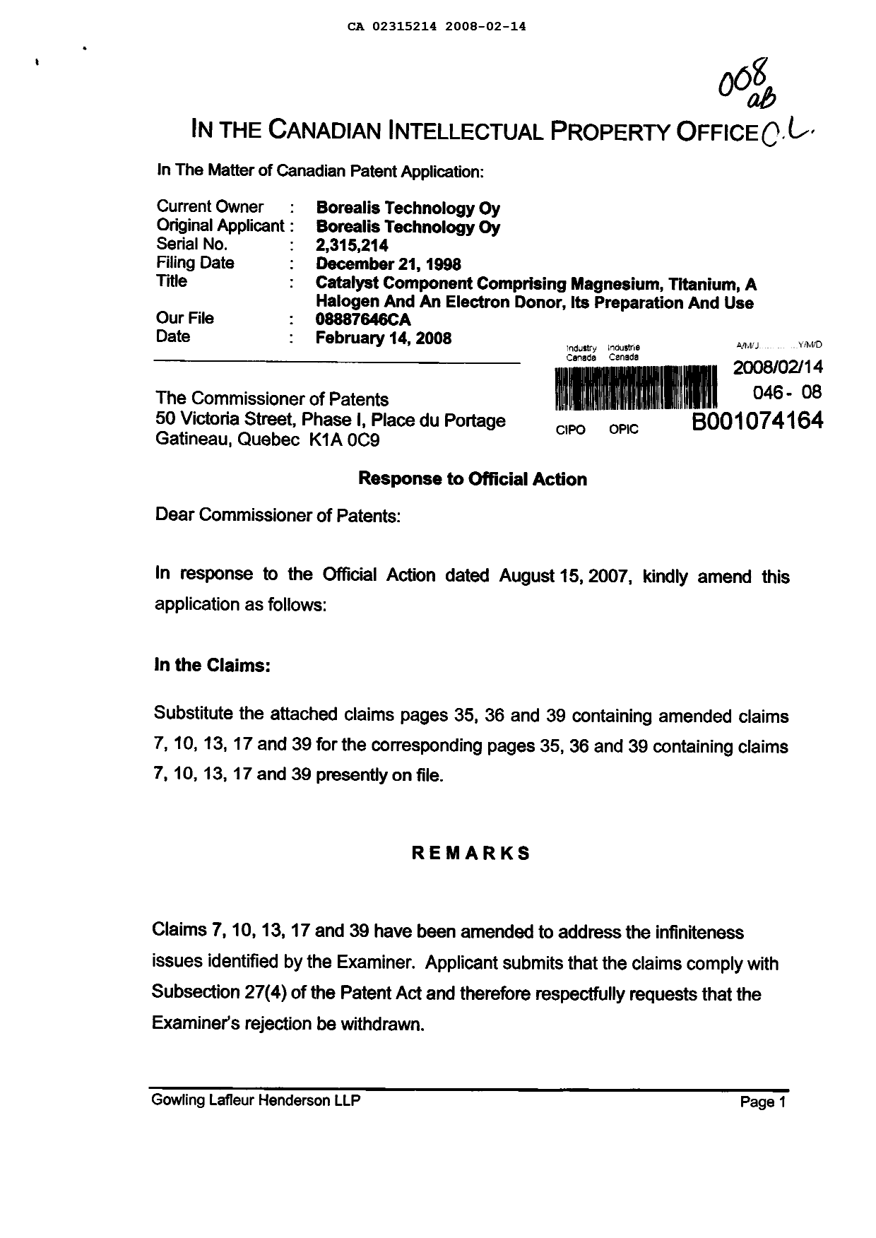 Canadian Patent Document 2315214. Prosecution-Amendment 20080214. Image 1 of 5