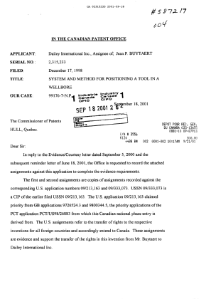 Document de brevet canadien 2315233. Cession 20010918. Image 1 de 15