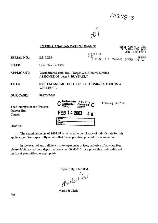 Canadian Patent Document 2315233. Prosecution-Amendment 20030214. Image 1 of 1