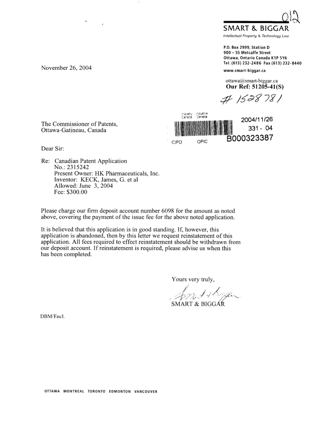 Document de brevet canadien 2315242. Correspondance 20041126. Image 1 de 1