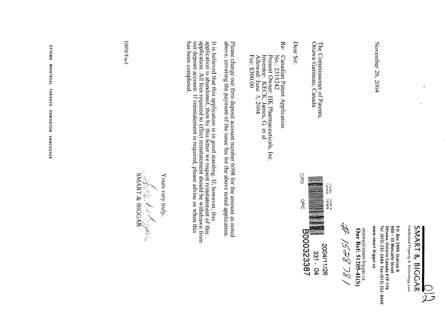 Canadian Patent Document 2315242. Correspondence 20041126. Image 1 of 1