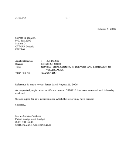 Document de brevet canadien 2315242. Correspondance 20061005. Image 1 de 1