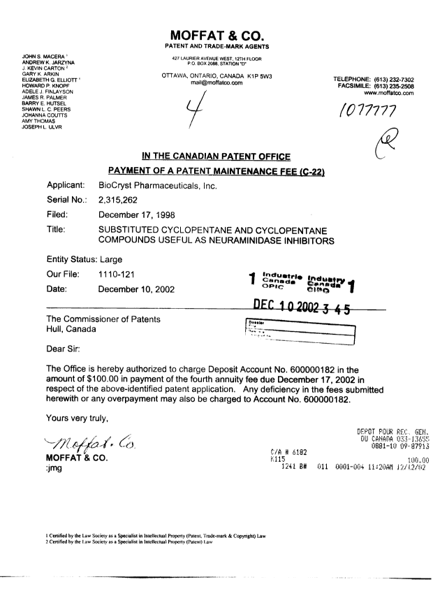 Document de brevet canadien 2315262. Taxes 20021210. Image 1 de 1