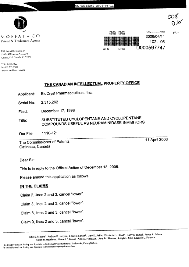 Canadian Patent Document 2315262. Prosecution-Amendment 20060411. Image 1 of 4