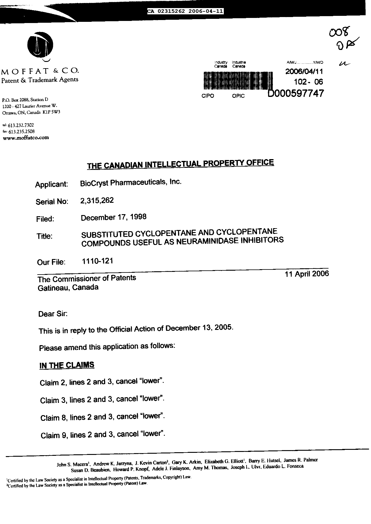 Canadian Patent Document 2315262. Prosecution-Amendment 20060411. Image 1 of 4