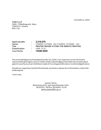 Canadian Patent Document 2315270. Correspondence 20041102. Image 1 of 1