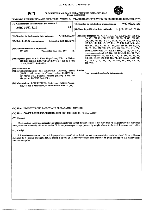Document de brevet canadien 2315293. Abrégé 20000614. Image 1 de 1