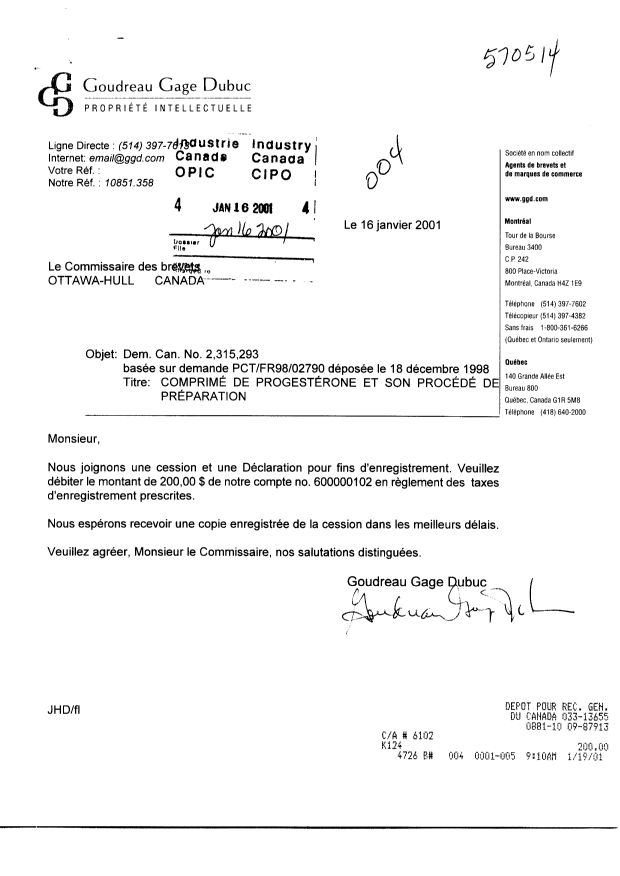 Document de brevet canadien 2315293. Cession 20010116. Image 1 de 4