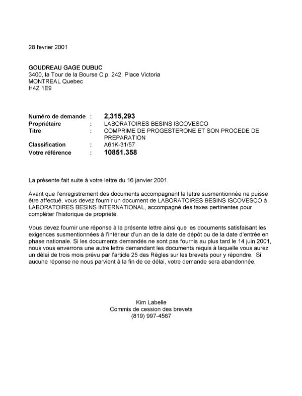 Document de brevet canadien 2315293. Correspondance 20010228. Image 1 de 1