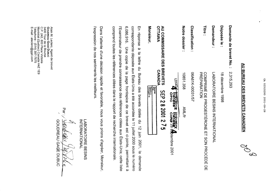 Canadian Patent Document 2315293. Prosecution-Amendment 20010928. Image 1 of 1