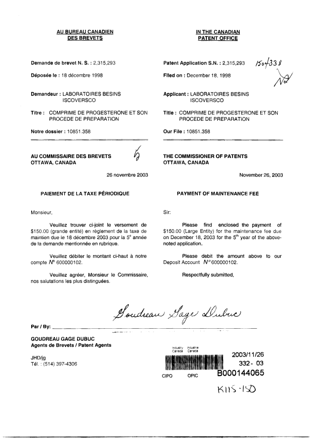 Document de brevet canadien 2315293. Taxes 20031126. Image 1 de 1