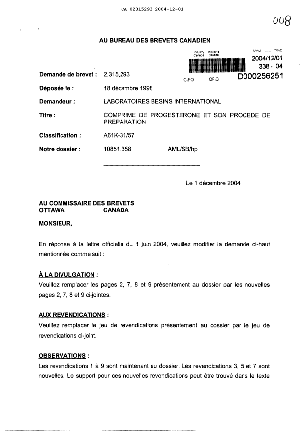 Canadian Patent Document 2315293. Prosecution-Amendment 20041201. Image 1 of 9