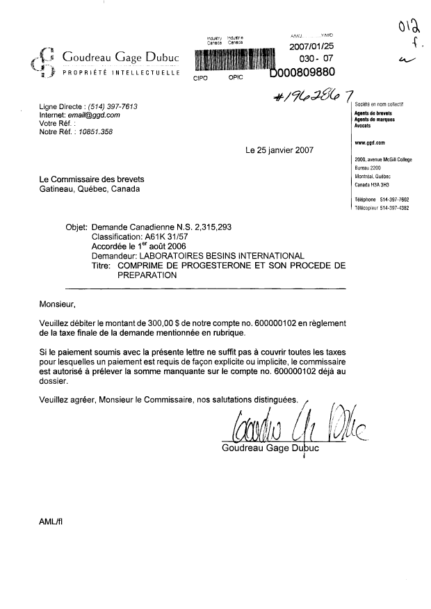 Document de brevet canadien 2315293. Correspondance 20070125. Image 1 de 1