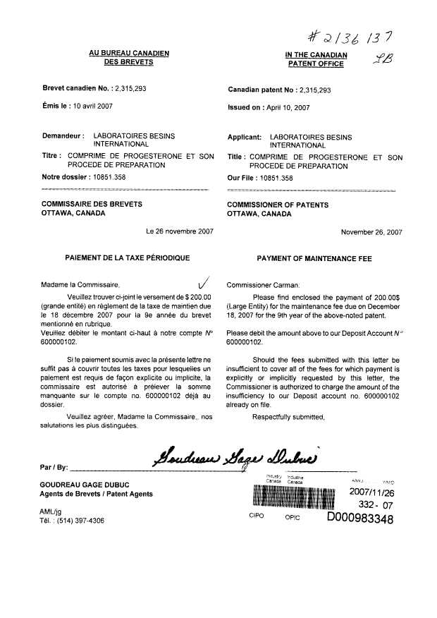 Document de brevet canadien 2315293. Taxes 20071126. Image 1 de 1