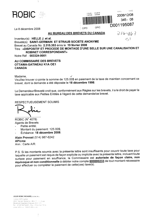 Canadian Patent Document 2315353. Fees 20081208. Image 1 of 1